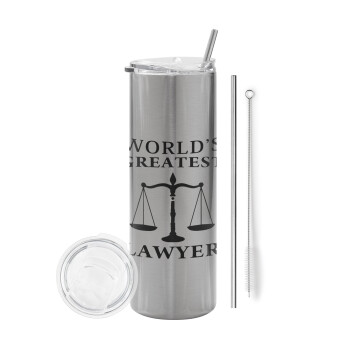 World's greatest Lawyer, Eco friendly ποτήρι θερμό Ασημένιο (tumbler) από ανοξείδωτο ατσάλι 600ml, με μεταλλικό καλαμάκι & βούρτσα καθαρισμού