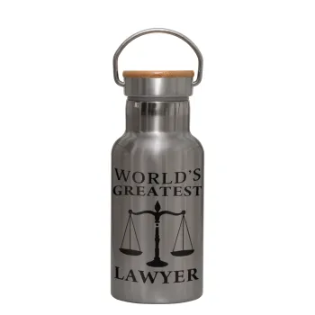 World's greatest Lawyer, Μεταλλικό παγούρι θερμός (Stainless steel) Ασημένιο με ξύλινο καπακι (bamboo), διπλού τοιχώματος, 350ml