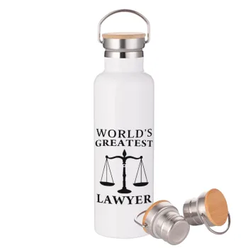 World's greatest Lawyer, Μεταλλικό παγούρι θερμός (Stainless steel) Λευκό με ξύλινο καπάκι (bamboo), διπλού τοιχώματος, 750ml