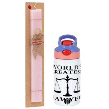 World's greatest Lawyer, Easter Set, Children's thermal stainless steel water bottle with safety straw, pink/purple (350ml) & Easter scented flat candle (30cm) (PINK)