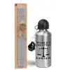 Easter Set, metallic silver aluminum water bottle (500ml) & aromatic flat Easter candle (30cm) (GRAY)