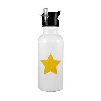Star, White water bottle with straw, stainless steel 600ml