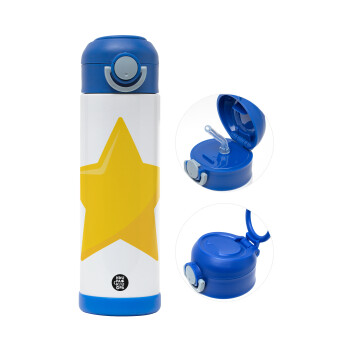 Star, Children's hot water bottle, stainless steel, with safety straw, BLUE (500ml)