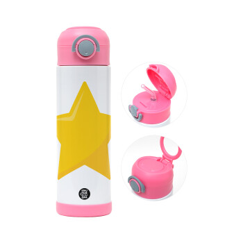 Star, Children's hot water bottle, stainless steel, with safety straw, PINK (500ml)