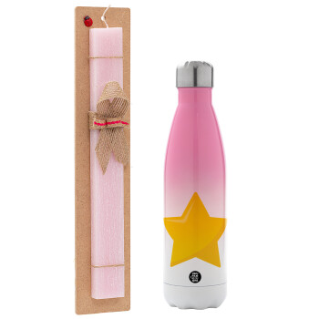 Star, Easter Set, Metallic pink/white (Stainless steel) thermos, double-walled, 500ml & aromatic flat Easter candle (30cm) (PINK)
