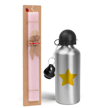 Star, Easter Set, metallic Silver aluminum water bottle (500ml) & scented flat Easter candle (30cm) (PINK)