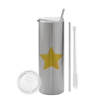 Star, Eco friendly ποτήρι θερμό Ασημένιο (tumbler) από ανοξείδωτο ατσάλι 600ml, με μεταλλικό καλαμάκι & βούρτσα καθαρισμού