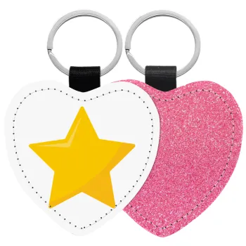 Star, Μπρελόκ PU δερμάτινο glitter καρδιά ΡΟΖ
