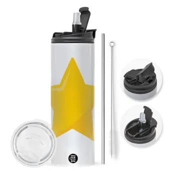 Star, Travel Tumbler θερμό με διπλό καπάκι, μεταλλικό καλαμάκι και βούρτσα καθαρισμού (Ανωξείδωτο 304 Food grade, BPA free, 600ml)