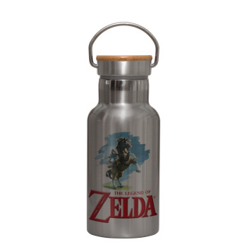 Zelda, Stainless steel metallic thermos flask, silver with a bamboo lid, double-walled, 350ml.