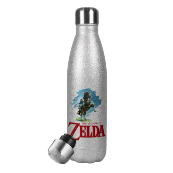 Zelda, Μεταλλικό παγούρι θερμός Glitter Aσημένιο (Stainless steel), διπλού τοιχώματος, 500ml