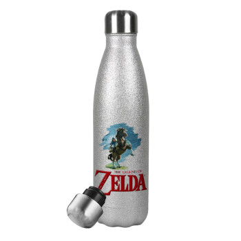Zelda, Metallic Glitter Silver Thermos Flask (Stainless steel), double-walled, 500ml