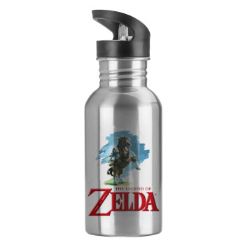 Zelda, Water bottle Silver with straw, stainless steel 600ml