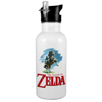 Zelda, White water bottle with straw, stainless steel 600ml