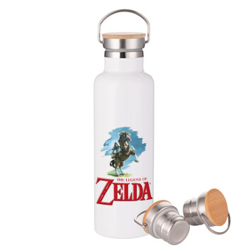Zelda, Μεταλλικό παγούρι θερμός (Stainless steel) Λευκό με ξύλινο καπακι (bamboo), διπλού τοιχώματος, 750ml