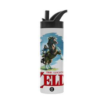 Zelda, Metallic thermos bottle with straw & handle, stainless steel (Stainless steel 304), double-walled, 600ml.