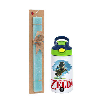 Zelda, Easter Set, Children's thermal stainless steel bottle with safety straw, green/blue (350ml) & aromatic flat Easter candle (30cm) (TURQUOISE)