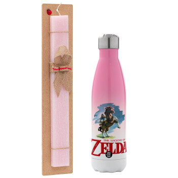 Zelda, Easter Set, Metallic pink/white (Stainless steel) thermos, double-walled, 500ml & aromatic flat Easter candle (30cm) (PINK)