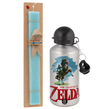 Zelda, Πασχαλινό Σετ, παγούρι μεταλλικό Ασημένιο αλουμινίου (500ml) & πασχαλινή λαμπάδα αρωματική πλακέ (30cm) (ΤΙΡΚΟΥΑΖ)