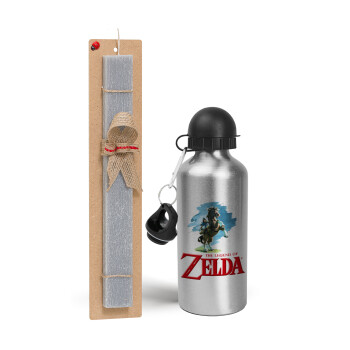 Zelda, Πασχαλινό Σετ, παγούρι μεταλλικό Ασημένιο αλουμινίου (500ml) & πασχαλινή λαμπάδα αρωματική πλακέ (30cm) (ΓΚΡΙ)