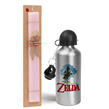 Zelda, Πασχαλινό Σετ, παγούρι μεταλλικό Ασημένιο αλουμινίου (500ml) & πασχαλινή λαμπάδα αρωματική πλακέ (30cm) (ΡΟΖ)