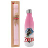 Easter Set, Metallic pink/white (Stainless steel) thermos, double-walled, 500ml & aromatic flat Easter candle (30cm) (PINK)