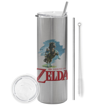 Zelda, Eco friendly ποτήρι θερμό Ασημένιο (tumbler) από ανοξείδωτο ατσάλι 600ml, με μεταλλικό καλαμάκι & βούρτσα καθαρισμού