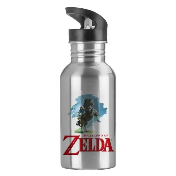 Zelda, Water bottle Silver with straw, stainless steel 600ml