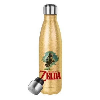 Zelda, Μεταλλικό παγούρι θερμός Glitter χρυσό (Stainless steel), διπλού τοιχώματος, 500ml