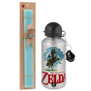Zelda, Easter Set, metallic silver aluminum water bottle (500ml) & scented flat Easter candle (30cm) (TURQUOISE)