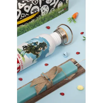 Zelda, Easter Set, metallic silver aluminum water bottle (500ml) & scented flat Easter candle (30cm) (TURQUOISE)