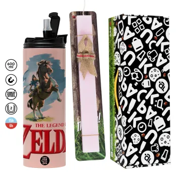 Zelda, Easter candle,Travel Tumbler 2 Lids, with metal straw & cleaning brush & aromatic flat candle (30cm) (PINK)