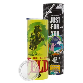 Zelda, Neon Yellow Travel Tumbler θερμό, μεταλλικό καλαμάκι(Ανωξείδωτο 304 Food grade, BPA free, 600ml)