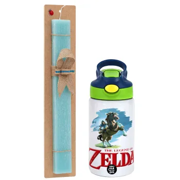 Zelda, Easter Set, Children's thermal stainless steel bottle with safety straw, green/blue (350ml) & aromatic flat Easter candle (30cm) (TURQUOISE)