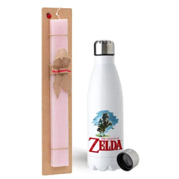 Zelda, Easter Set, metallic stainless steel water bottle (750ml) & scented flat Easter candle (30cm) (PINK)