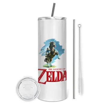 Zelda, Tumbler ποτήρι θερμό από ανοξείδωτο ατσάλι 600ml, με μεταλλικό καλαμάκι & βούρτσα καθαρισμού