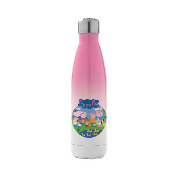 Peppa pig Family, Μεταλλικό παγούρι θερμός Ροζ/Λευκό (Stainless steel), διπλού τοιχώματος, 500ml
