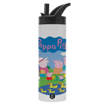 Peppa pig Family, Μεταλλικό παγούρι θερμός με καλαμάκι & χειρολαβή, ανοξείδωτο ατσάλι (Stainless steel 304), διπλού τοιχώματος, 600ml