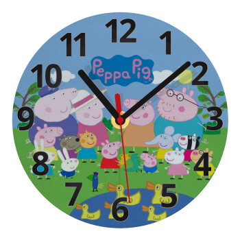Peppa pig Family, Ρολόι τοίχου γυάλινο (20cm)