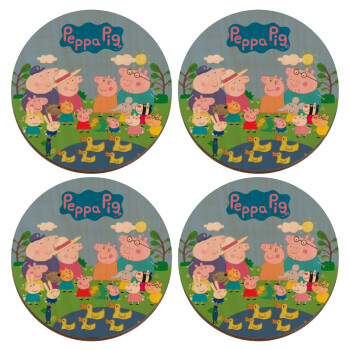 Peppa pig Family, ΣΕΤ x4 Σουβέρ ξύλινα στρογγυλά plywood (9cm)