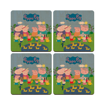 Peppa pig Family, ΣΕΤ x4 Σουβέρ ξύλινα τετράγωνα plywood (9cm)