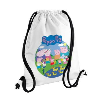 Peppa pig Family, Τσάντα πλάτης πουγκί GYMBAG λευκή, με τσέπη (40x48cm) & χονδρά κορδόνια