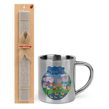 Peppa pig Family, Easter Set, metallic thermal cup (300ml) & Easter aromatic flat candle (30cm) (GRAY)