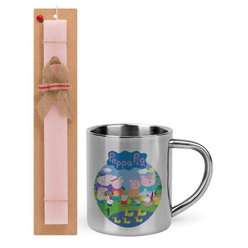 Peppa pig Family, Easter Set, metallic thermal cup (300ml) & aromatic flat Easter candle (30cm) (PINK)