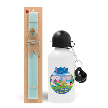 Peppa pig Family, Easter Set, metallic aluminum water bottle (500ml) & scented flat candle (30cm) (TURQUOISE)