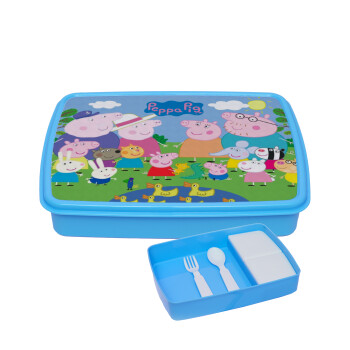 Peppa pig Family, ΜΠΛΕ παιδικό δοχείο φαγητού (lunchbox) πλαστικό με παιδικά μαχαιροπίρουρα & 2 εσωτερικά δοχεία (BPA-FREE) Lunch Βox M23 x Π18 x Υ4cm