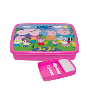 Peppa pig Family, ΡΟΖ παιδικό δοχείο φαγητού (lunchbox) πλαστικό με παιδικά μαχαιροπίρουρα & 2 εσωτερικά δοχεία (BPA-FREE) Lunch Βox M23 x Π18 x Υ4cm