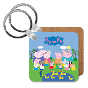 Peppa pig Family, Μπρελόκ Ξύλινο τετράγωνο MDF
