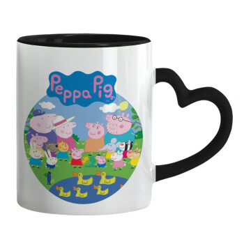 Peppa pig Family, Κούπα καρδιά χερούλι μαύρη, κεραμική, 330ml