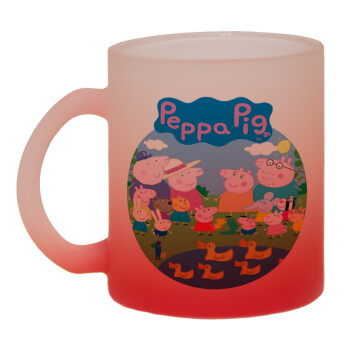Peppa pig Family, Κούπα γυάλινη δίχρωμη με βάση το κόκκινο ματ, 330ml